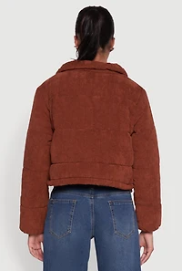 Womens Mock Neck Zip Front Corduroy Puffer Jacket, Brown, Size M