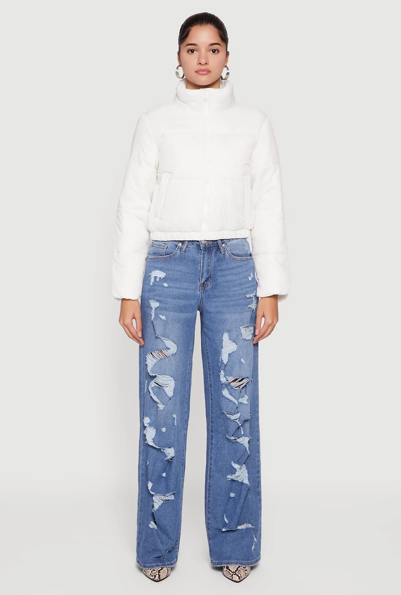 Womens Nylon Long Sleeve Mock Neck Zip Front Puffer Jacket, White, Size M