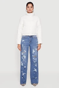 Womens Nylon Long Sleeve Mock Neck Zip Front Puffer Jacket, White, Size M