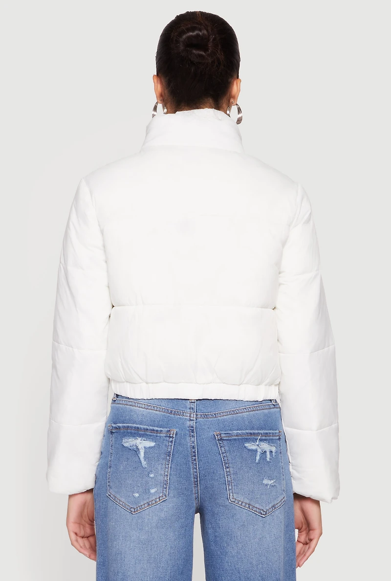 Nylon Long Sleeve Mock Neck Zip Front Puffer Jacket