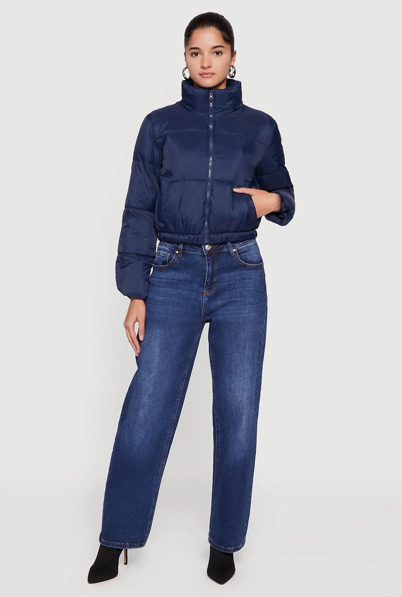 Womens Nylon Long Sleeve Mock Neck Zip Front Puffer Jacket, Blue, Size M