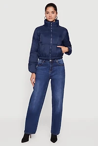 Womens Nylon Long Sleeve Mock Neck Zip Front Puffer Jacket, Blue, Size M