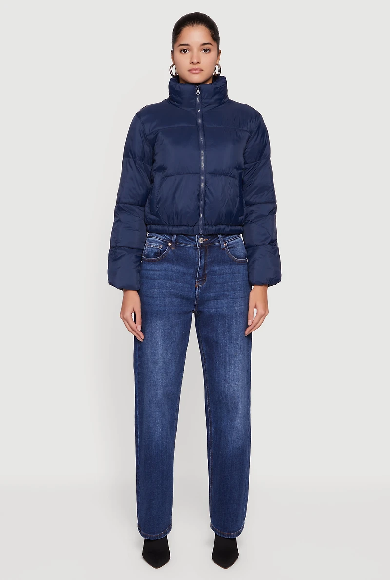 Womens Nylon Long Sleeve Mock Neck Zip Front Puffer Jacket, Blue, Size M