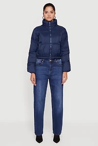 Womens Nylon Long Sleeve Mock Neck Zip Front Puffer Jacket, Blue, Size M