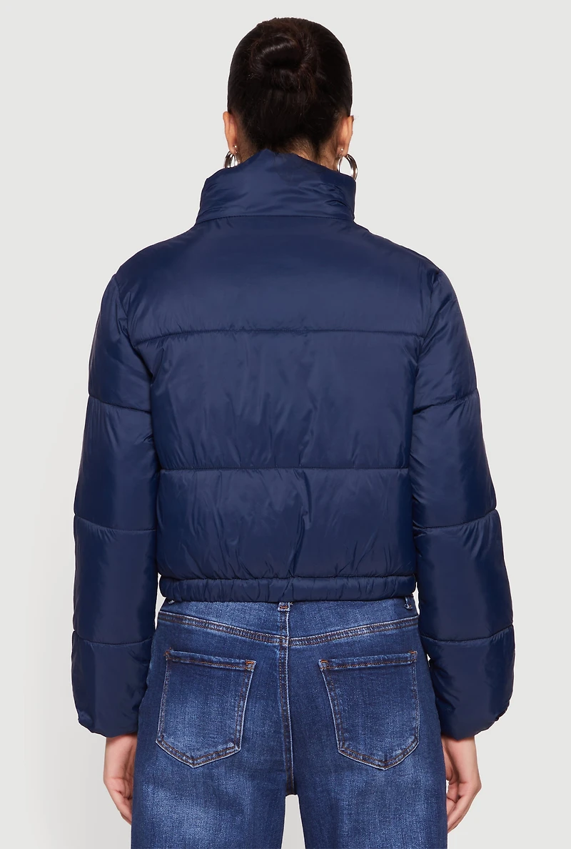 Womens Nylon Long Sleeve Mock Neck Zip Front Puffer Jacket, Blue, Size M