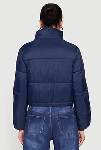 Womens Nylon Long Sleeve Mock Neck Zip Front Puffer Jacket, Blue, Size M