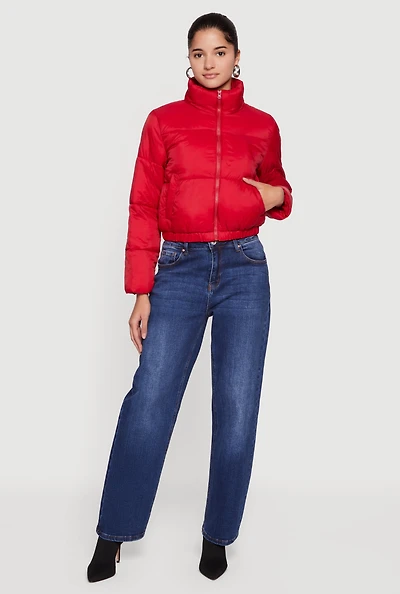 Nylon Long Sleeve Mock Neck Zip Front Puffer Jacket