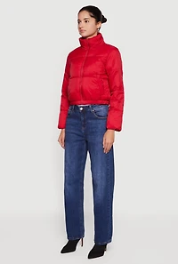 Nylon Long Sleeve Mock Neck Zip Front Puffer Jacket