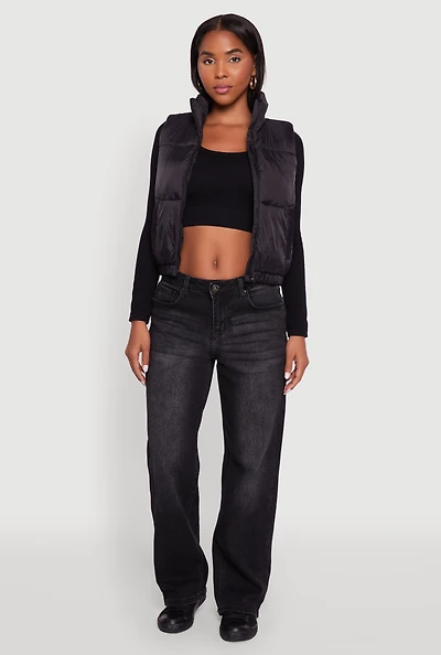 Womens Nylon Mock Neck Puffer Vest, Black, Size L