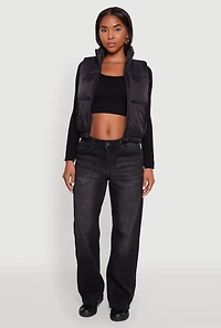 Womens Nylon Mock Neck Puffer Vest, Black, Size L