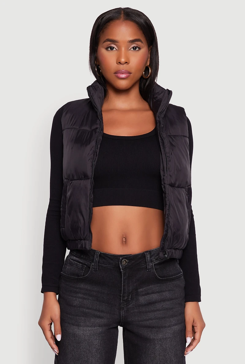 Womens Nylon Mock Neck Puffer Vest, Black, Size S