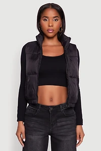 Womens Nylon Mock Neck Puffer Vest, Black, Size S