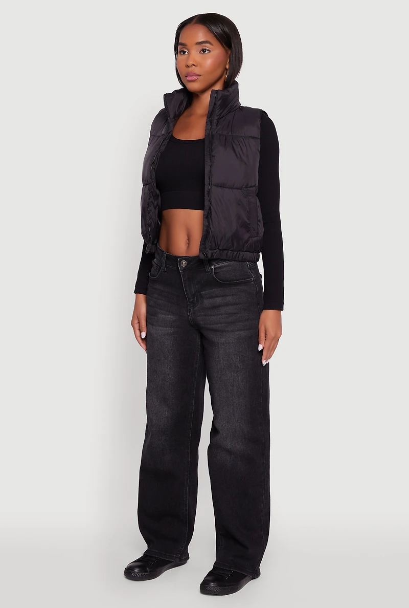 Womens Nylon Mock Neck Puffer Vest, Black, Size L