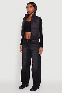 Womens Nylon Mock Neck Puffer Vest, Black, Size L