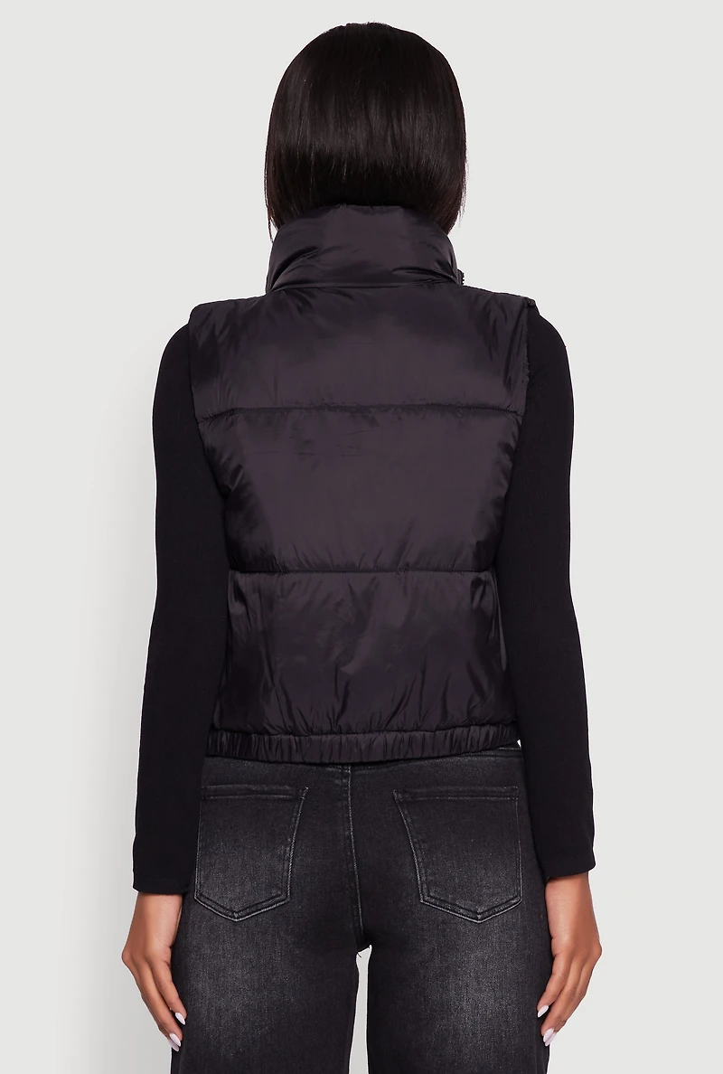 Womens Nylon Mock Neck Puffer Vest, Black, Size L