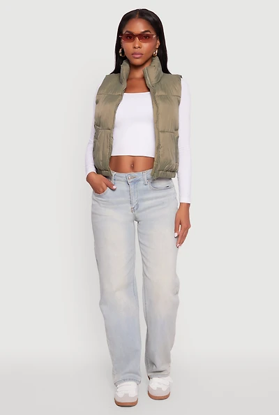 Womens Nylon Mock Neck Puffer Vest, Green, Size M