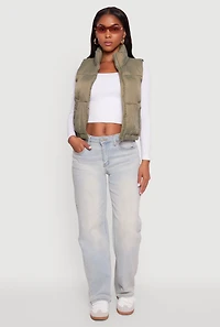Womens Nylon Mock Neck Puffer Vest, Green, Size M