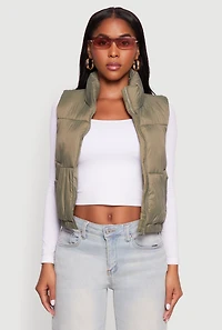 Womens Nylon Mock Neck Puffer Vest, Green, Size M