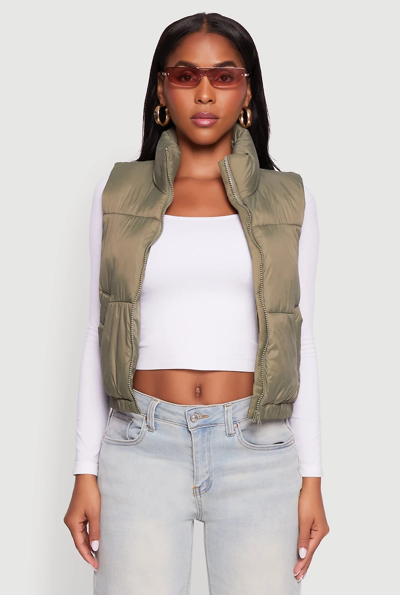 Womens Nylon Mock Neck Puffer Vest, Green, Size S