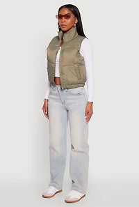 Womens Nylon Mock Neck Puffer Vest, Green, Size S