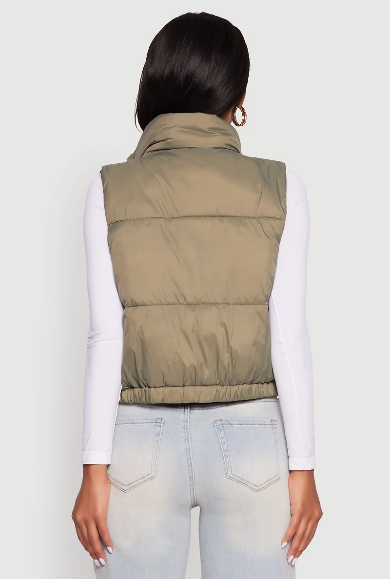 Womens Nylon Mock Neck Puffer Vest, Green, Size M