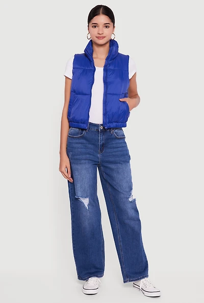 Womens Nylon Mock Neck Puffer Vest, Blue, Size S