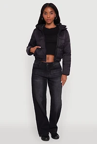 Womens Cropped Hooded Puffer Jacket, Black, Size L