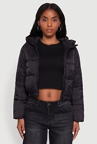 Womens Cropped Hooded Puffer Jacket, Black, Size L