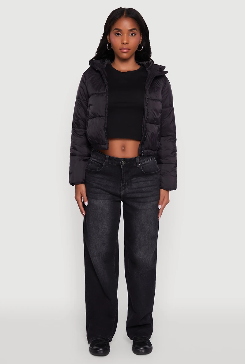 Womens Cropped Hooded Puffer Jacket, Black, Size L