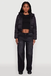 Womens Cropped Hooded Puffer Jacket, Black, Size L