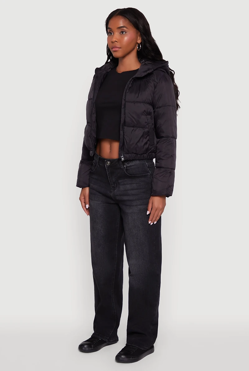 Womens Cropped Hooded Puffer Jacket, Black, Size L