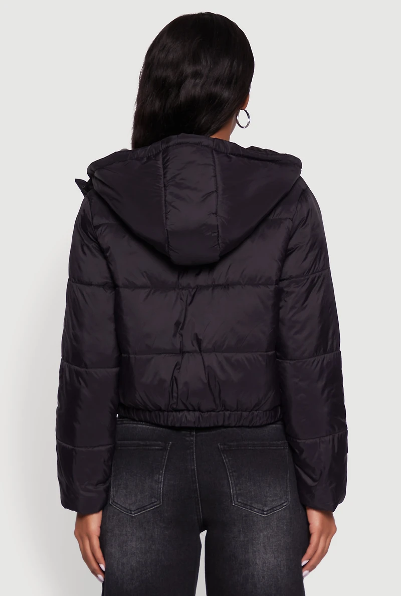 Womens Cropped Hooded Puffer Jacket, Black, Size L