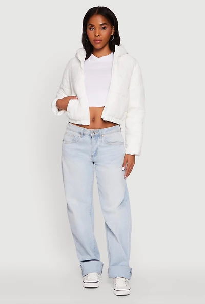 Womens Cropped Hooded Puffer Jacket, White,