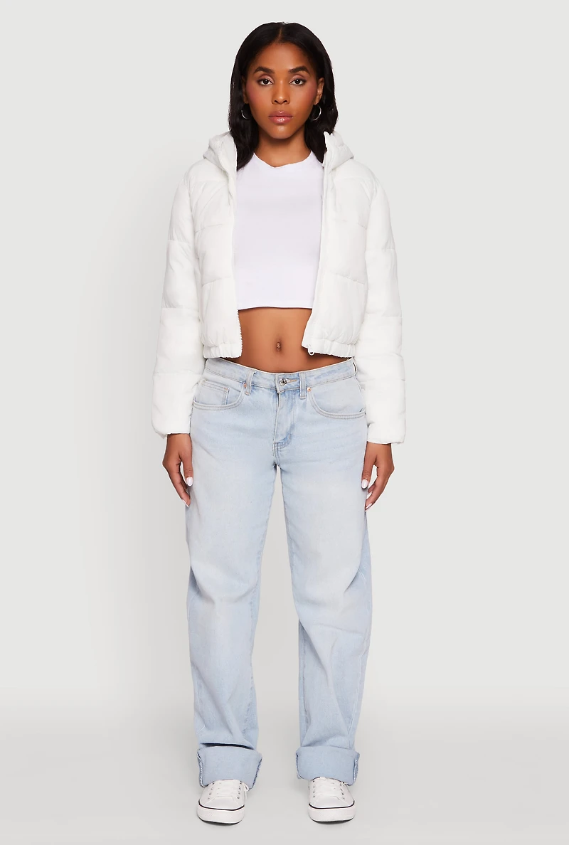 Womens Cropped Hooded Puffer Jacket, White,