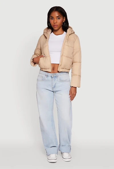 Womens Cropped Hooded Puffer Jacket,