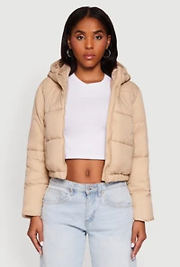 Womens Hooded Short Puffer Jacket, Beige, Size S