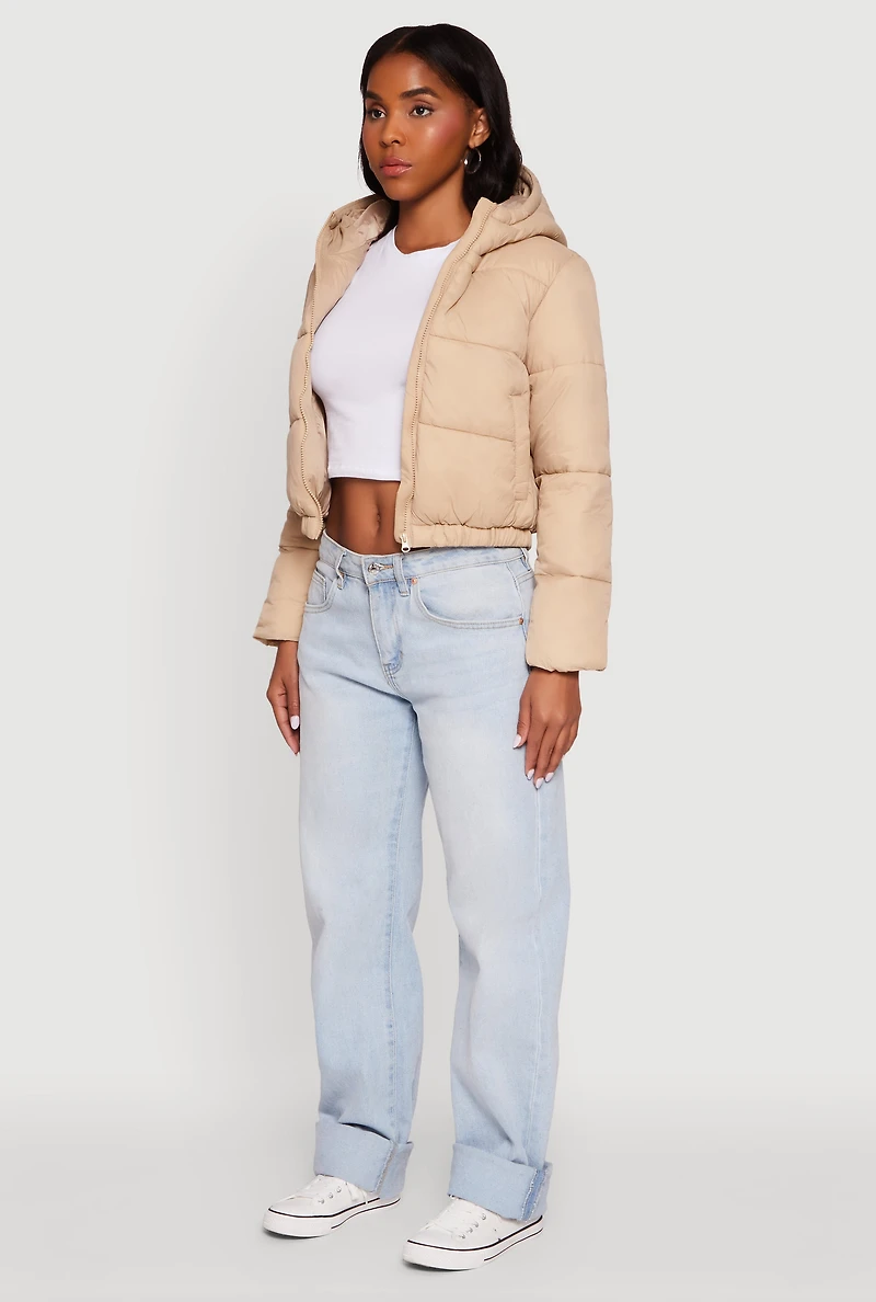 Womens Hooded Short Puffer Jacket, Beige, Size S