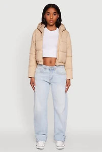 Womens Hooded Short Puffer Jacket, Beige, Size S