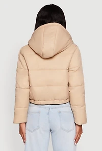 Womens Hooded Short Puffer Jacket, Beige, Size S
