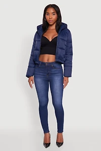 Womens Cropped Hooded Puffer Jacket, Blue, Size L