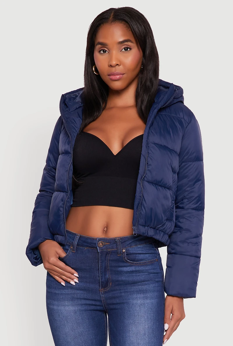 Womens Cropped Hooded Puffer Jacket, Blue, Size L