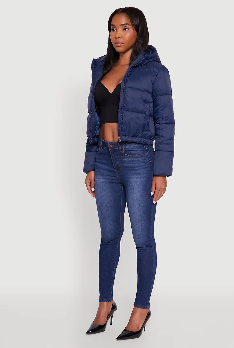 Womens Cropped Hooded Puffer Jacket, Blue, Size L
