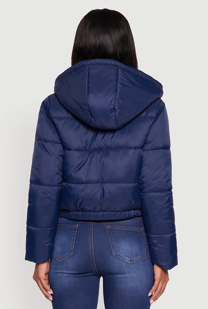Womens Cropped Hooded Puffer Jacket, Blue, Size L