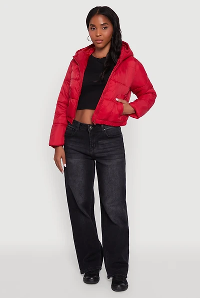 Womens Cropped Hooded Puffer Jacket, Red, Size L