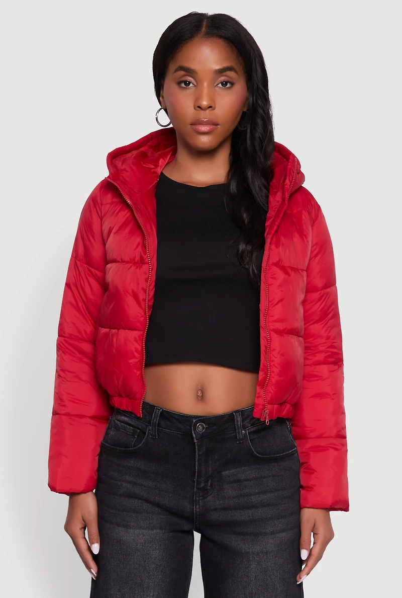Womens Cropped Hooded Puffer Jacket, Red, Size L