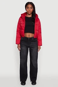 Womens Cropped Hooded Puffer Jacket, Red, Size L