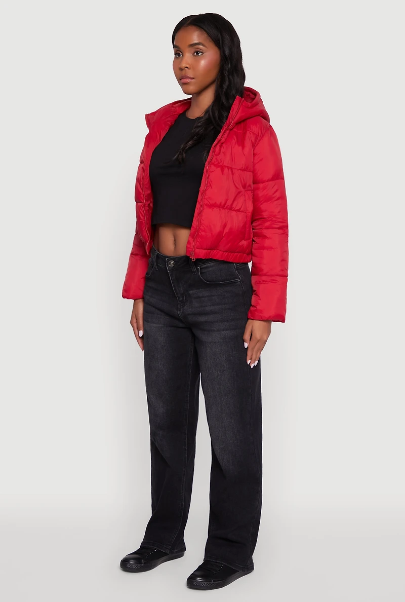 Womens Cropped Hooded Puffer Jacket, Red, Size L