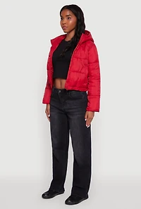 Womens Cropped Hooded Puffer Jacket, Red, Size L