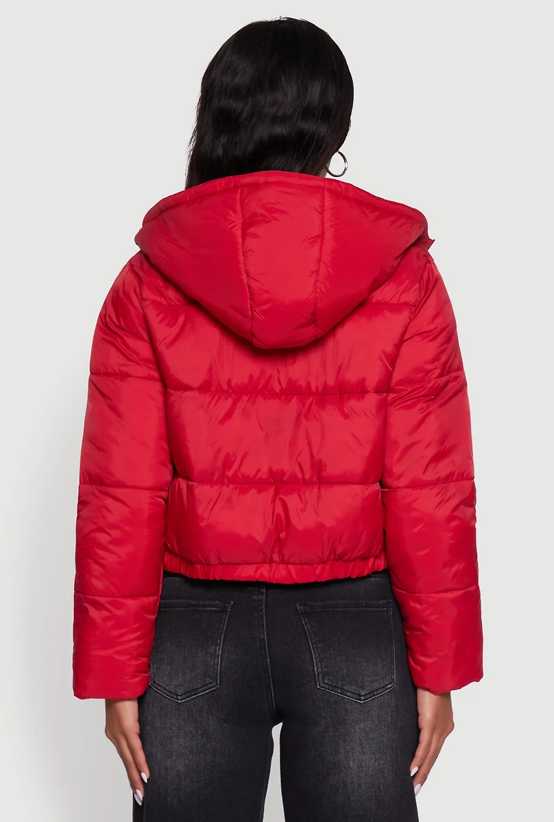Womens Cropped Hooded Puffer Jacket, Red, Size L