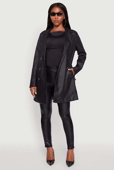 Womens Faux Leather Double Breasted Trench Coat with Tie Waist Belt, M